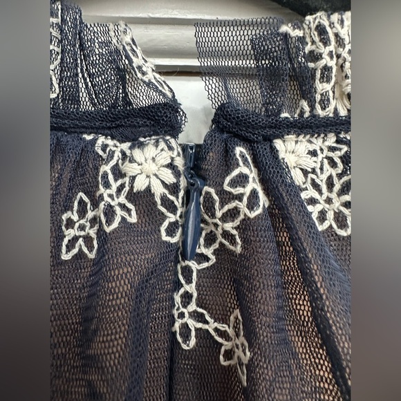 BCBGMAXAZRIA Embroidered Mesh Dress Dark Midnight Blue Floral Ruffle Size XXS - Picture 7 of 16